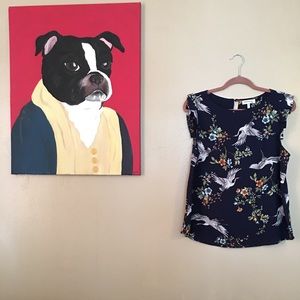 Shortsleeved navy blouse with Cranes and flowers.